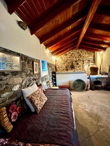 a bedroom with a large bed in a stone wall at Agroktima Konstantinos & Eleni in Platy