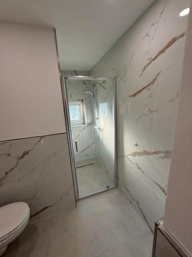 a bathroom with a shower and a toilet at Schalke Unterkunft in Gelsenkirchen