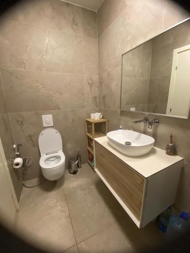 a bathroom with a toilet and a sink and a mirror at Sea La Sun, Green Coast in Palasë