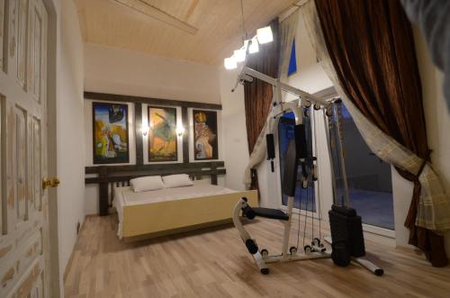 a room with a bed and a treadmill in it at Vilnius Luxury Apartment 2 in Vilnius