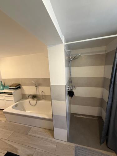 a bathroom with a bath tub and a shower at Ferienhaus Tafolli in Linsengericht