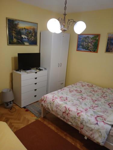 a bedroom with a bed and a dresser with a television at Apartments Vučinović in Tivat