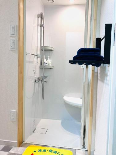 a bathroom with a shower and a toilet at 旅の宿 もはち Private Guesthouse MOHACHI in Tsuruoka