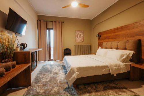 a bedroom with a bed and a flat screen tv at Μεσιέ Νικολά 700 in Mesenikólas