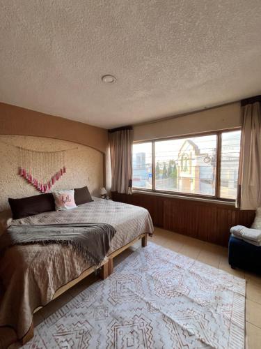 a bedroom with a bed and a large window at Casa Bohemia in Ciudad Guzmán