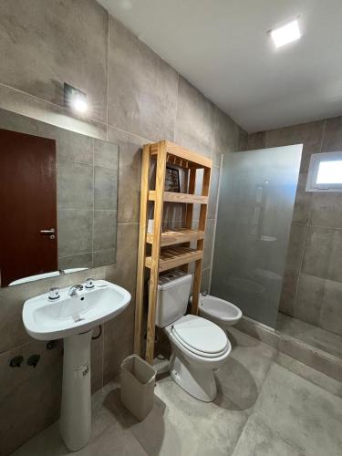a bathroom with a toilet and a sink at Amanecer Rio Limay in Plottier