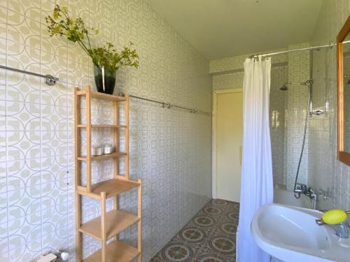 a bathroom with a shower and a sink and a tub at Casa Lambre in Paderne