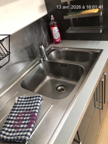 ein Edelstahlspülbecken in einer Küche mit einem Handtuch in der Unterkunft Orléans Appartement 2 chambres avec Parking in Orléans