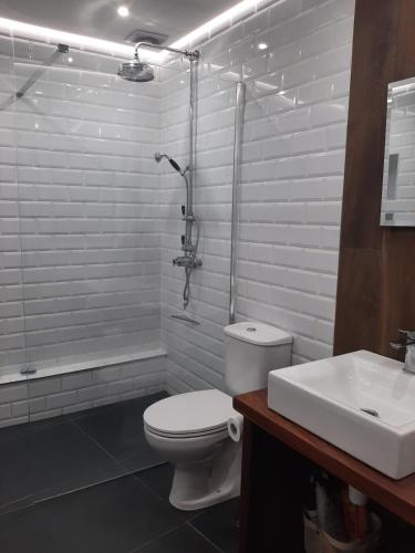 a bathroom with a toilet and a shower and a sink at Mulberry Tree Cottage Episkopi Paphos in Episkopi Pafou