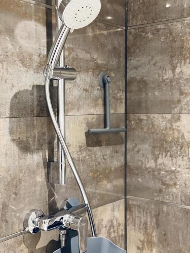 a shower with a shower head next to a sink at Haus Larum App. 6 in Scharbeutz