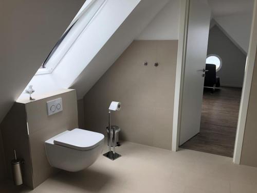 a bathroom with a white toilet in a attic at Meersicht Haffkrug in Haffkrug
