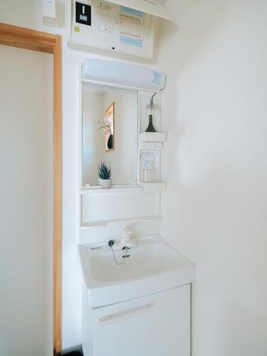 a bathroom with a white sink and a mirror at Aso Grand View in Aso