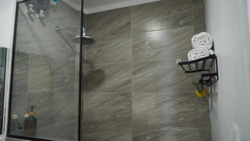 a shower with a glass door in a bathroom at Happy Island Inn in Virac