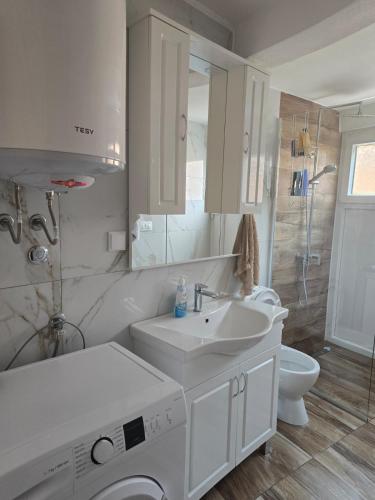a white bathroom with a sink and a toilet at Rina House in Žabljak