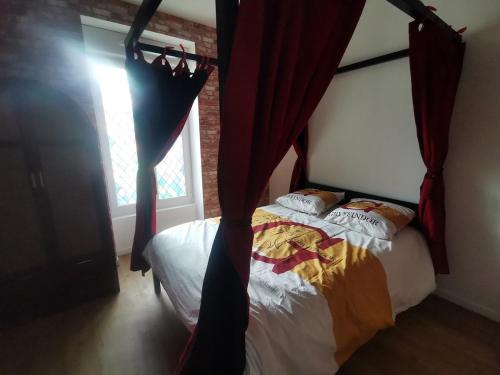 a bedroom with a canopy bed with a window at Appartement dans l'univers Harry Potter in Rosporden