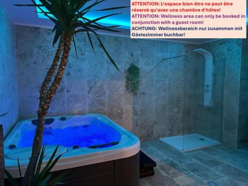 a bathroom with a blue tub and a palm tree at Au Wachtfels in Obersteinbach