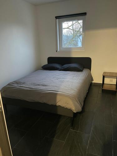 a bed with two pillows in a bedroom with a window at Maison convivial in Vireux-Wallerand