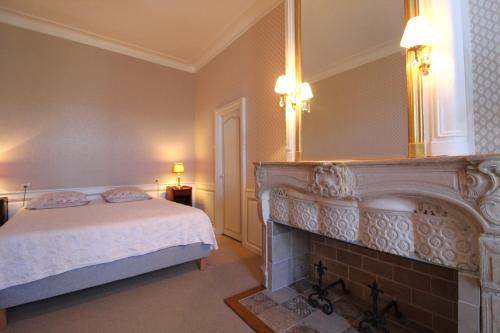 a bedroom with a bed and a fireplace at Chambre n2 Maison dHôtes de Charme in Maizières