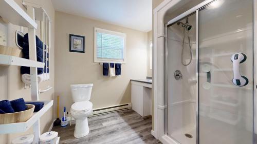 a bathroom with a toilet and a glass shower at Roseway River Cottages in Shelburne