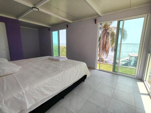 a bedroom with a bed and a view of the ocean at Villas Isla Montosa in Coyuca de Benítez
