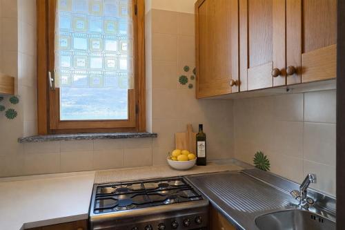 a kitchen with a sink and a stove and a bowl of fruit at SunLake Apartment in Colico