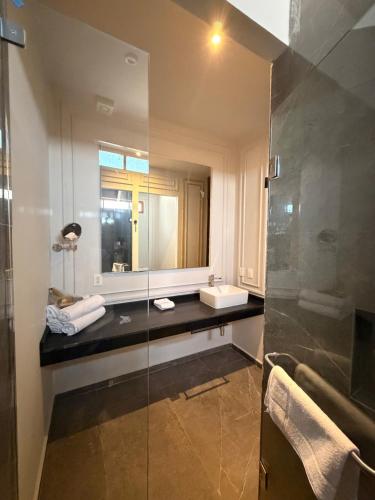 a bathroom with a glass shower and a sink at Vista Catedral Guadalajara - Self Check in in Guadalajara
