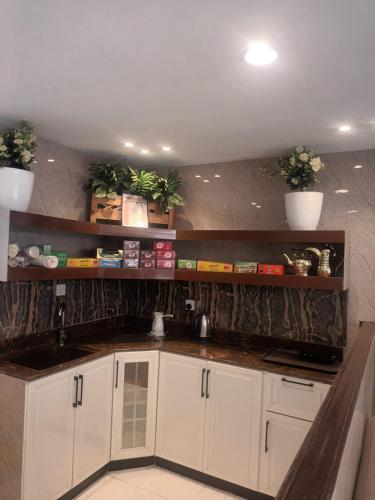 a kitchen with white cabinets and plants on shelves at company petty bark شركة بيتي بارك للشقق المخدومة درجة اقصادية in Qarār