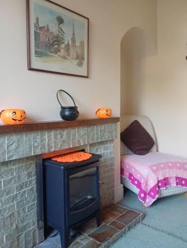 a living room with a fireplace and a bed at IronPig Cottage in Cheadle