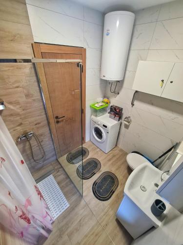 a small bathroom with a shower and a toilet at Lasta Apartman Sokobanja in Soko Banja