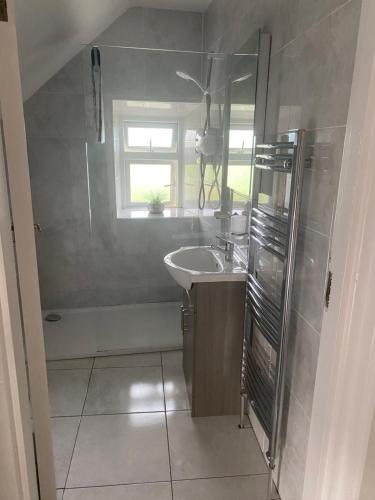 a bathroom with a sink and a shower with a window at The Dairy Nolans organic farm in Ramsgrange