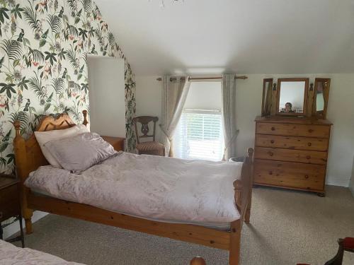 a bedroom with a bed and a dresser and a mirror at The Dairy Nolans organic farm in Ramsgrange