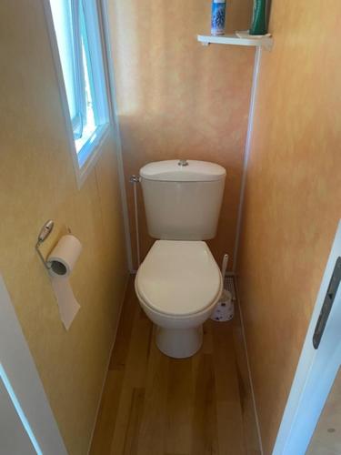 a small bathroom with a toilet and a window at Mobile home Besse in Besse-et-Saint-Anastaise