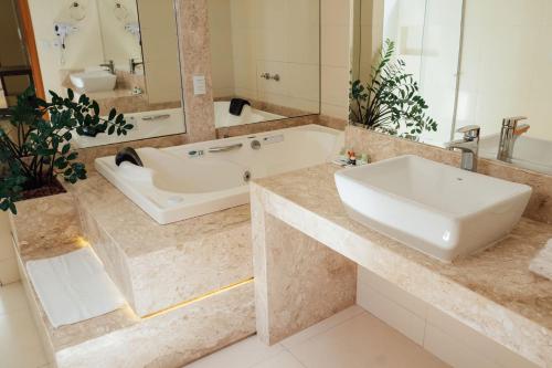 a bathroom with a white sink and a tub and a tubermott at Hospedare Hotel in Marechal Cândido Rondon