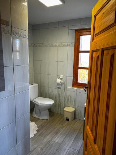 a bathroom with a toilet and a window at Cozy Winehouse - Remote Vineyard Escape in Podčetrtek