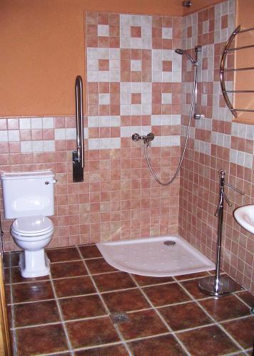 a bathroom with a shower and a toilet and a sink at Hotel Posada Casas Viejas in Benalup Casas Viejas