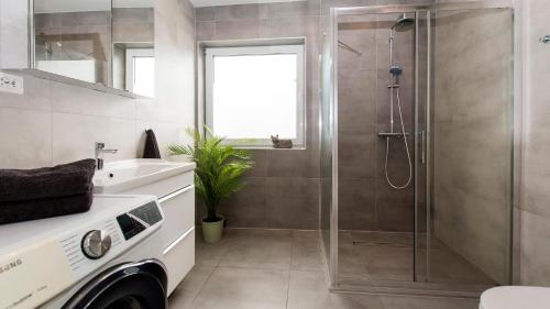 a bathroom with a shower and a sink at Prestige House Jacuzzi & Sauna in Gdańsk