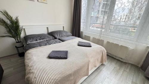 a bedroom with a bed with two towels on it at THE RIVERSIDE APARTMENT with Balcony in Prague