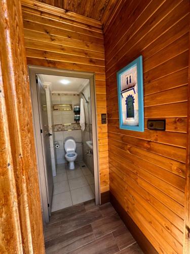 a bathroom with a toilet in a wooden wall at Hôtel nabil akchour in Akchour