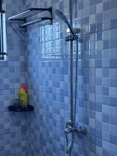 a shower with blue tiles in a bathroom at Elp Living in Hoima