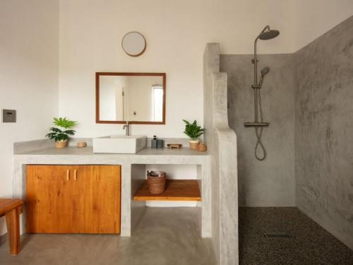 a bathroom with a sink and a mirror at Canopy Lodge Marloth in Marloth Park