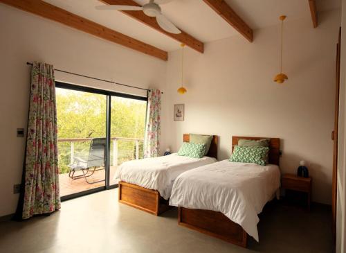 two beds in a room with a window at Canopy Lodge Marloth in Marloth Park