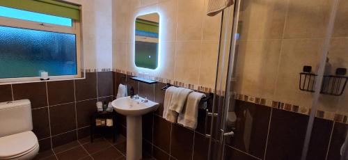 a bathroom with a sink and a toilet and a window at Aira Lodge Accommodation in Kinvara