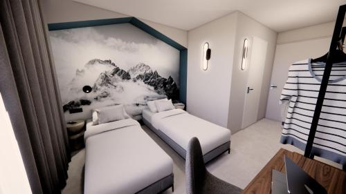 a bedroom with two beds and a painting on the wall at Kyriad - L'Isle D'Abeau Bourgoin Jallieu in LʼIsle-dʼAbeau