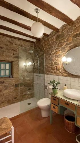 a bathroom with a shower and a toilet and a sink at Casa La Sendera Alojamiento Rural en La Rioja in Santa Engracia