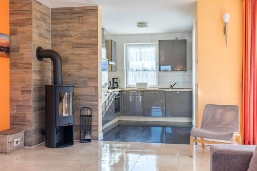 a kitchen with a woodburning stove in a living room at Villa Strandoase in Wohlenberg