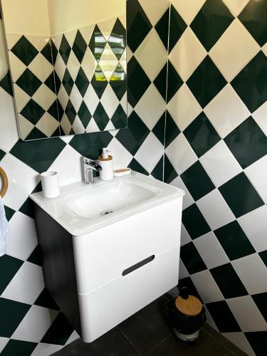 a bathroom with a sink and a mirror at Ti ÉMERAUDE in Pointe-Noire
