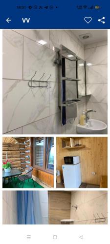 a collage of two pictures of a kitchen and a bathroom at ViV in Vorokhta