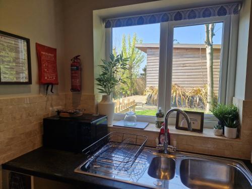 a kitchen counter with a sink and a window at Honeybee Hideaway in Brompton