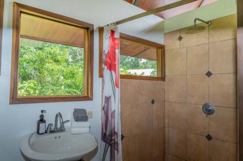 a bathroom with a toilet and a sink and a shower at Casa Leon in Talamanca