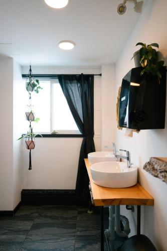 a bathroom with a sink and a window at The Haven Hostel in Thunder Bay
